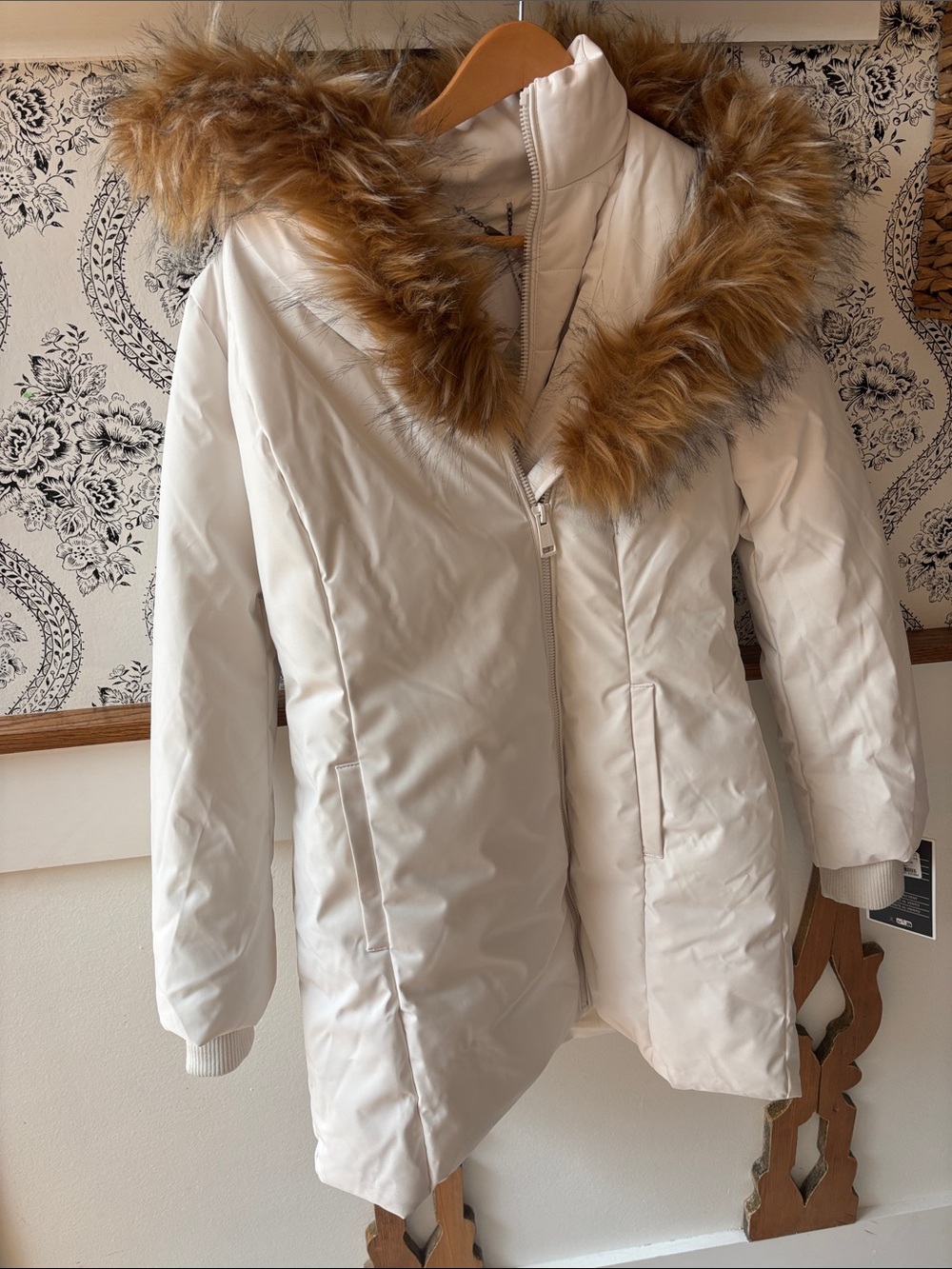 Guess Ivory Puffer Coat with Brown Faux Fur Trim Lions Mane Hood